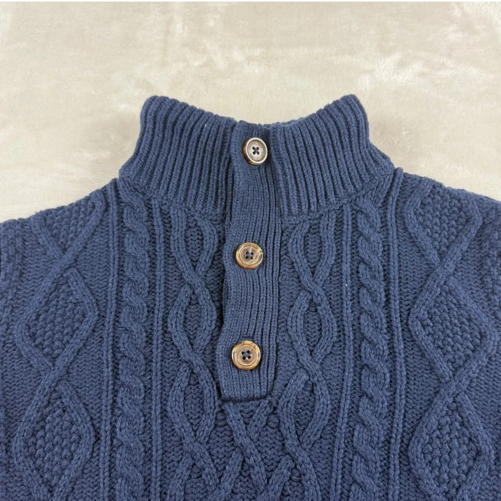 Gap Kids Cable Knit Fisherman Sweater Boys L Blue Sherpa Lined Mock Neck Button